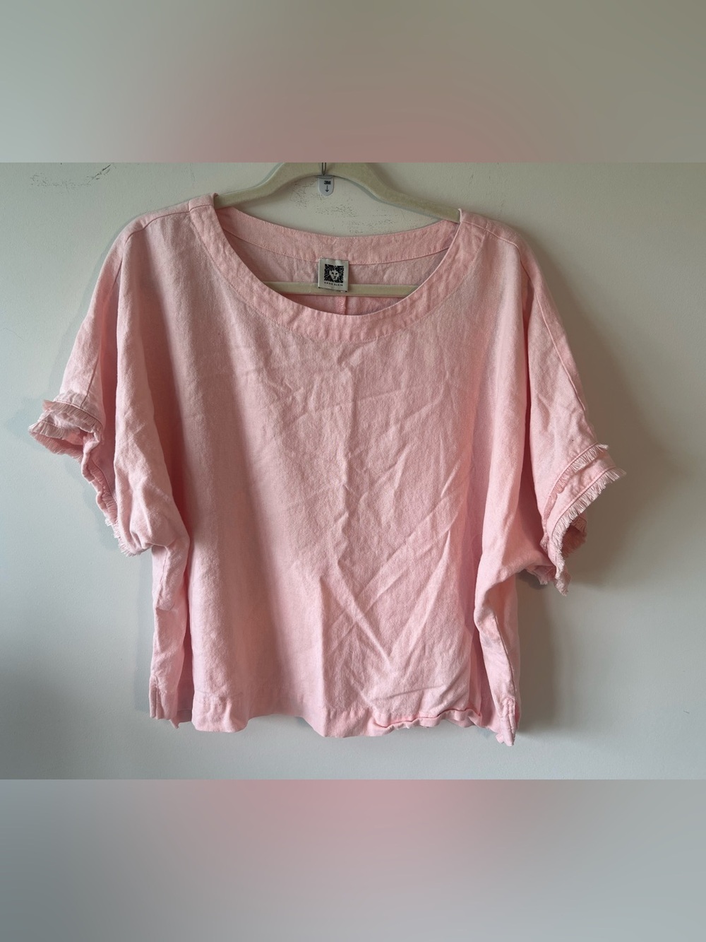 Anne Klein Pale Pink Scoop Neck Easy Linen Top with Fringe Detail on Sleeves